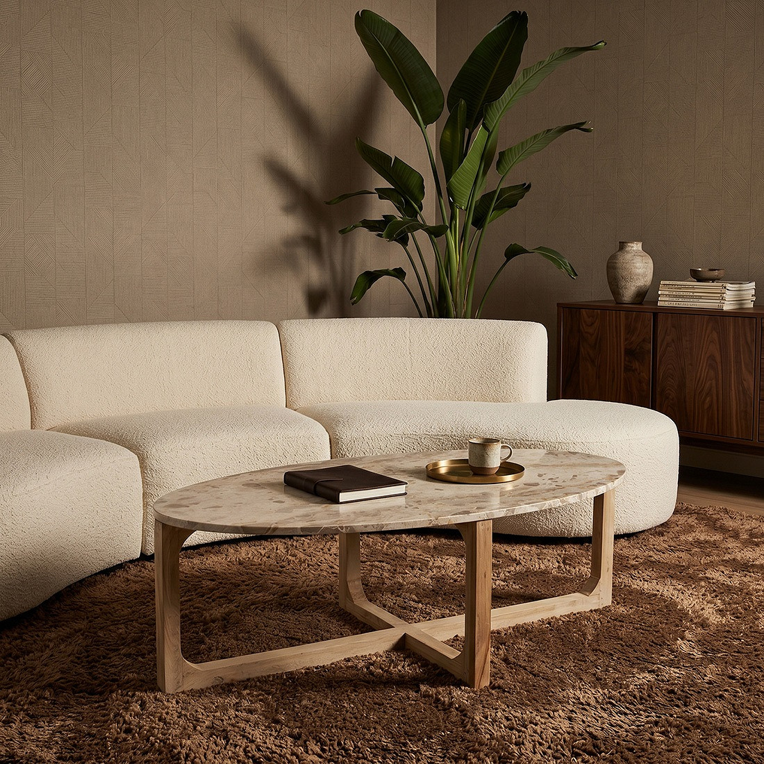 Retro Couchtisch Marble Marmor Holz Oval Cream