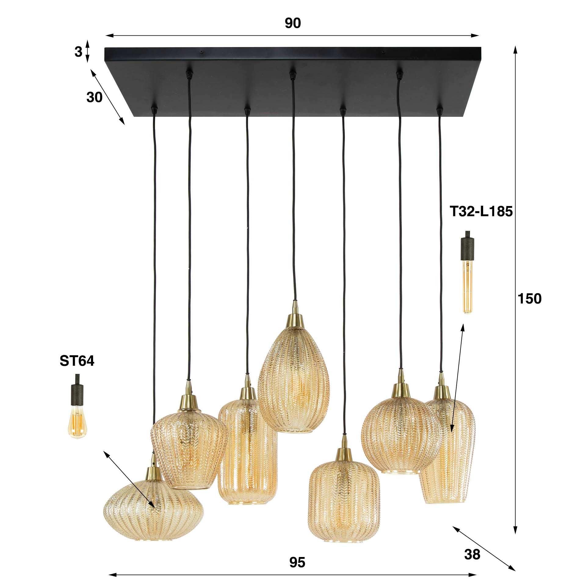 Hängelampe Retro Stripes mit 7 unterschiedlichen Glasschirmen in Warm Amber