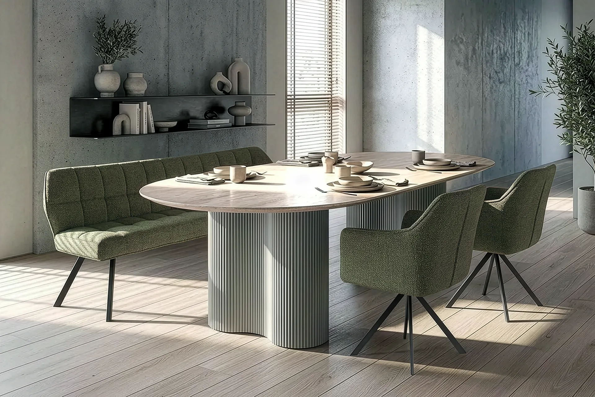 Essgruppe Bari 180 Travertin Metall + Bank Raster + 2 Stühle Strukturstoff Grün