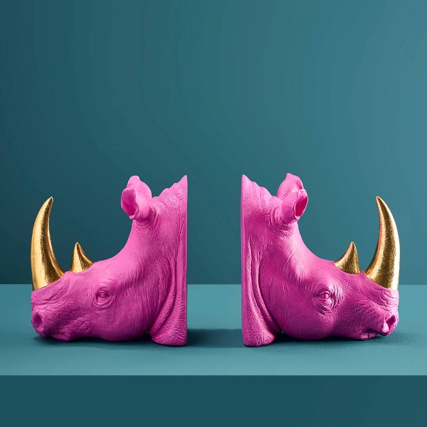 Retro Buchstützen Set Pop-Art Nashorn Pink Gold